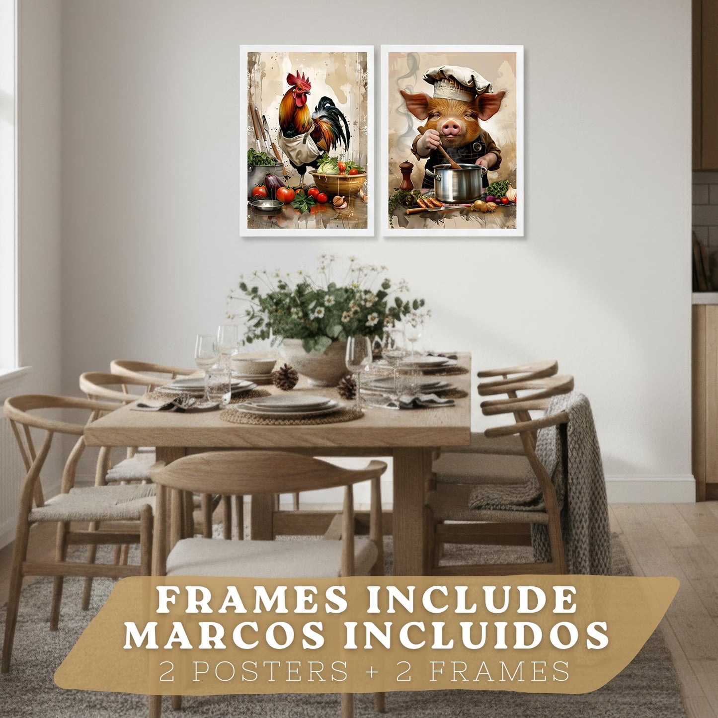 Set de 2 Láminas Animales Chef Cuadros Cocina Gallo y Cerdo Cocinero Estilo Ilustración Póster Decoración Pared Comedor