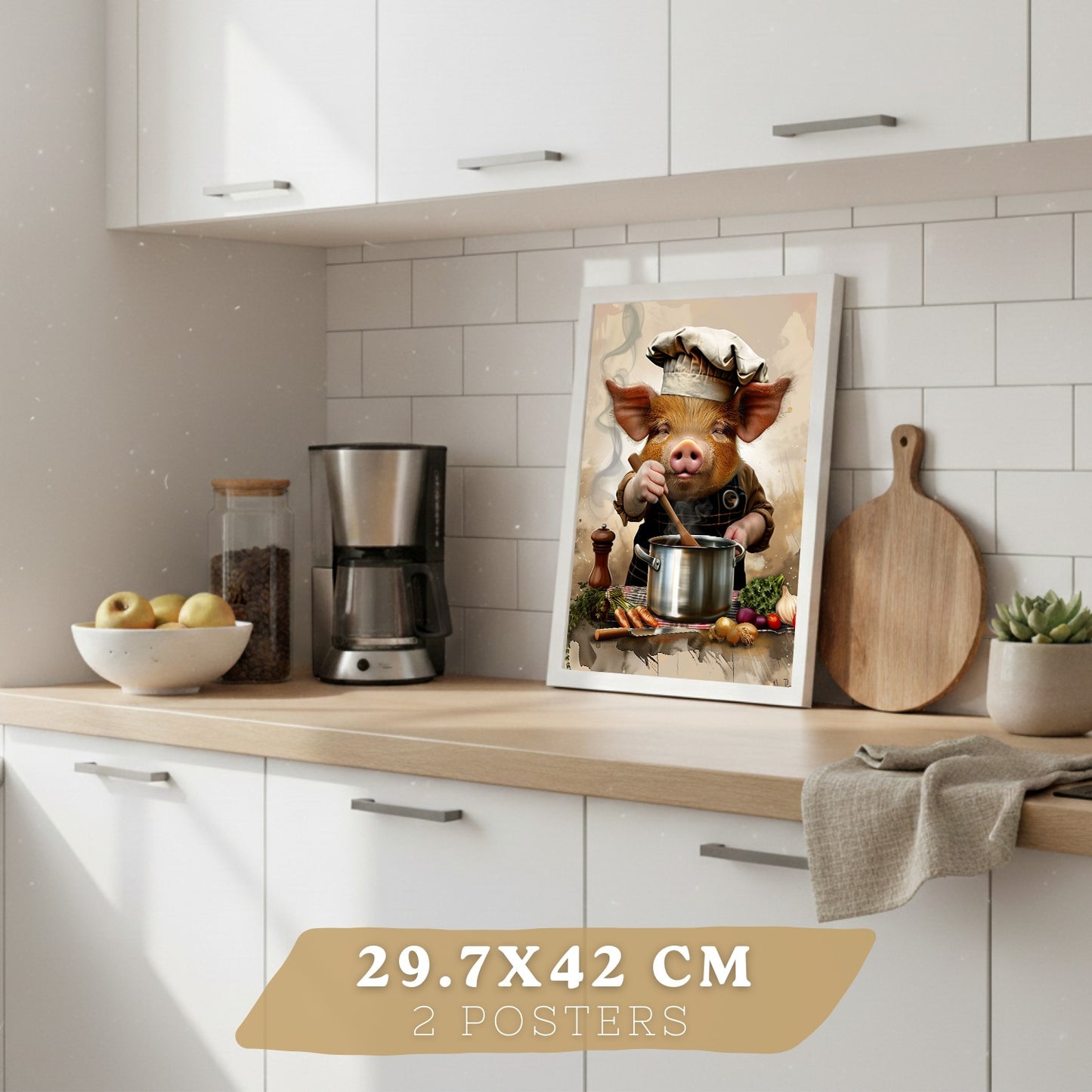 Set de 2 Láminas Animales Chef Cuadros Cocina Gallo y Cerdo Cocinero Estilo Ilustración Póster Decoración Pared Comedor