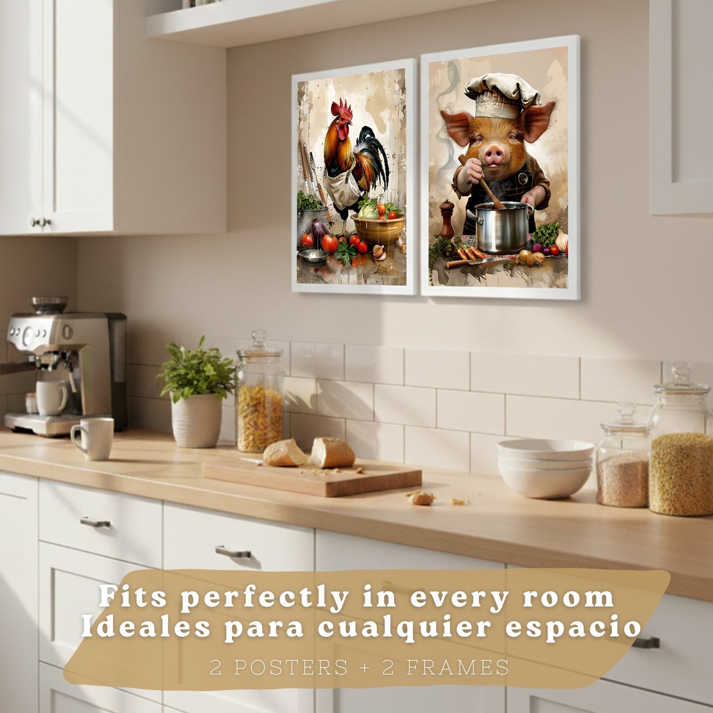 Set de 2 Láminas Animales Chef Cuadros Cocina Gallo y Cerdo Cocinero Estilo Ilustración Póster Decoración Pared Comedor
