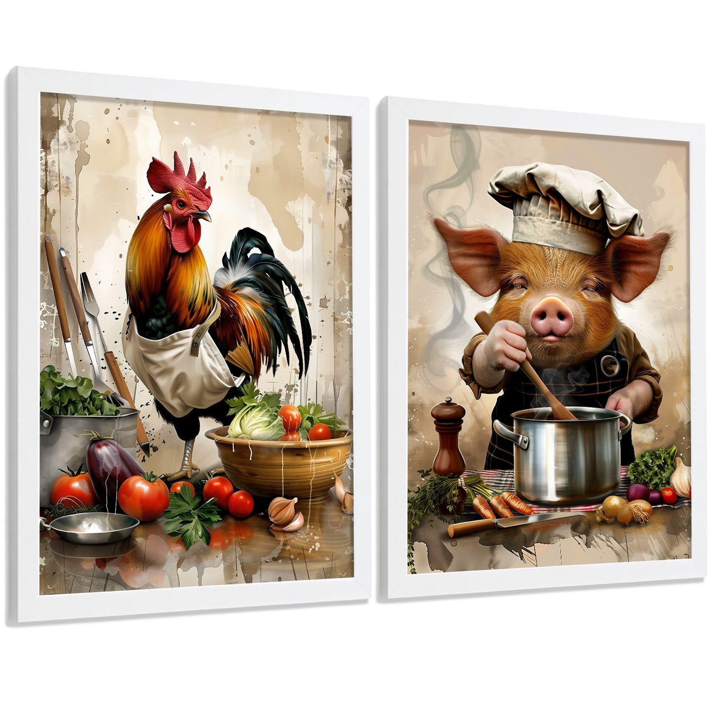 Set de 2 Láminas Animales Chef Cuadros Cocina Gallo y Cerdo Cocinero Estilo Ilustración Póster Decoración Pared Comedor