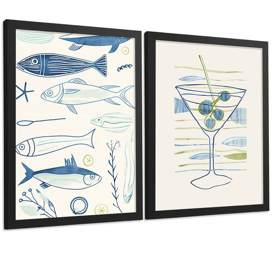 Set de 2 Láminas Cocina Minimalista Cuadros Pared Peces y Martini Estilo Acuarela Line Art Póster Decoración Comedor