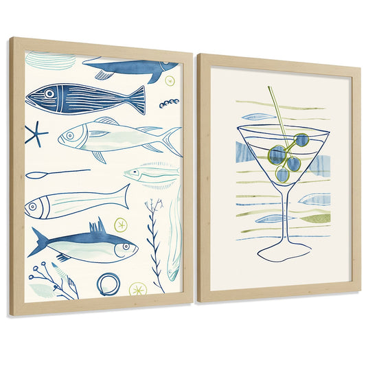 Set de 2 Láminas Cocina Minimalista Cuadros Pared Peces y Martini Estilo Acuarela Line Art Póster Decoración Comedor
