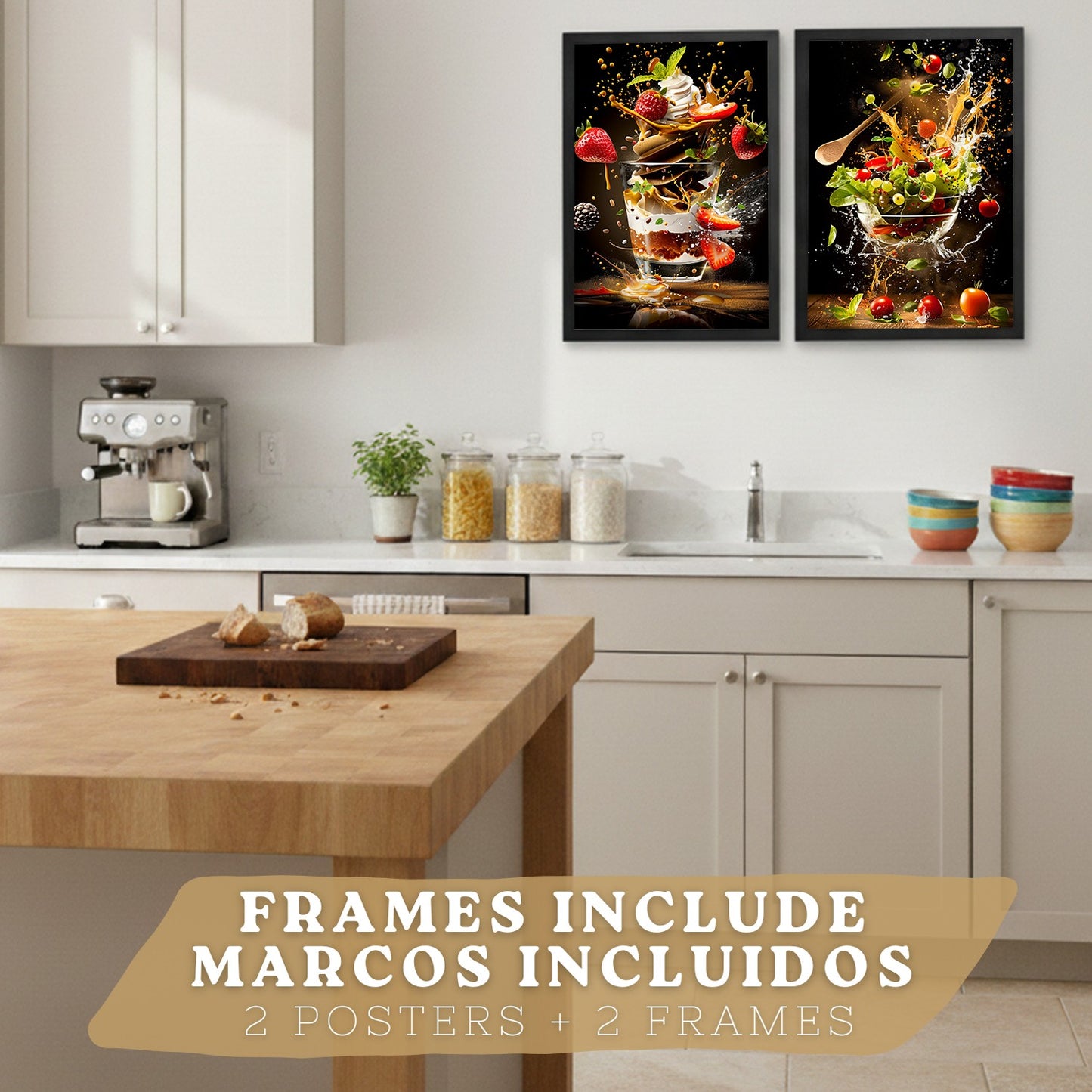 Set de 2 Láminas Cocina Fondo Negro Cuadros Pared Postre Fresas y Ensalada Estilo Splash Póster Decoración Comedor