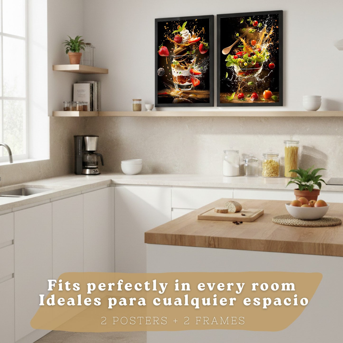 Set de 2 Láminas Cocina Fondo Negro Cuadros Pared Postre Fresas y Ensalada Estilo Splash Póster Decoración Comedor