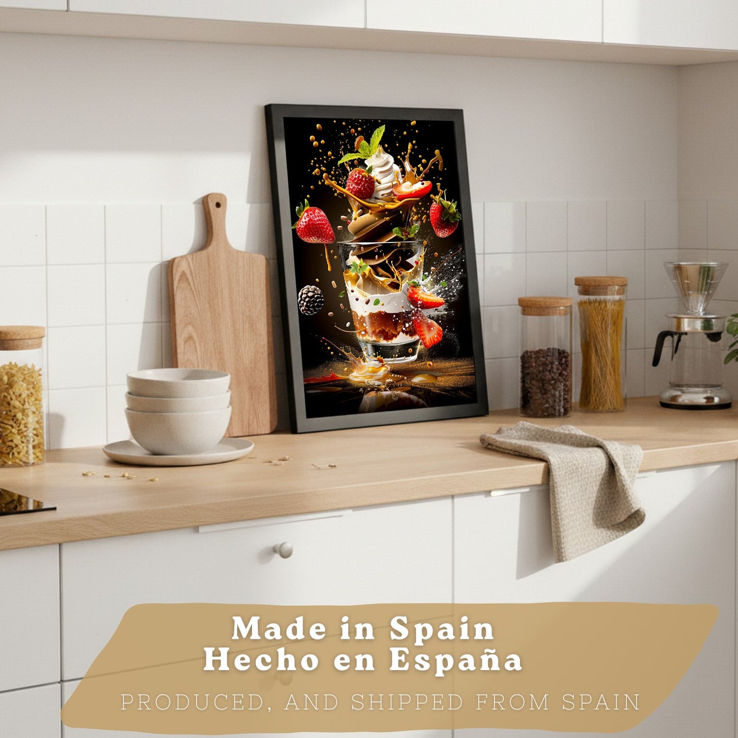 Set de 2 Láminas Cocina Fondo Negro Cuadros Pared Postre Fresas y Ensalada Estilo Splash Póster Decoración Comedor