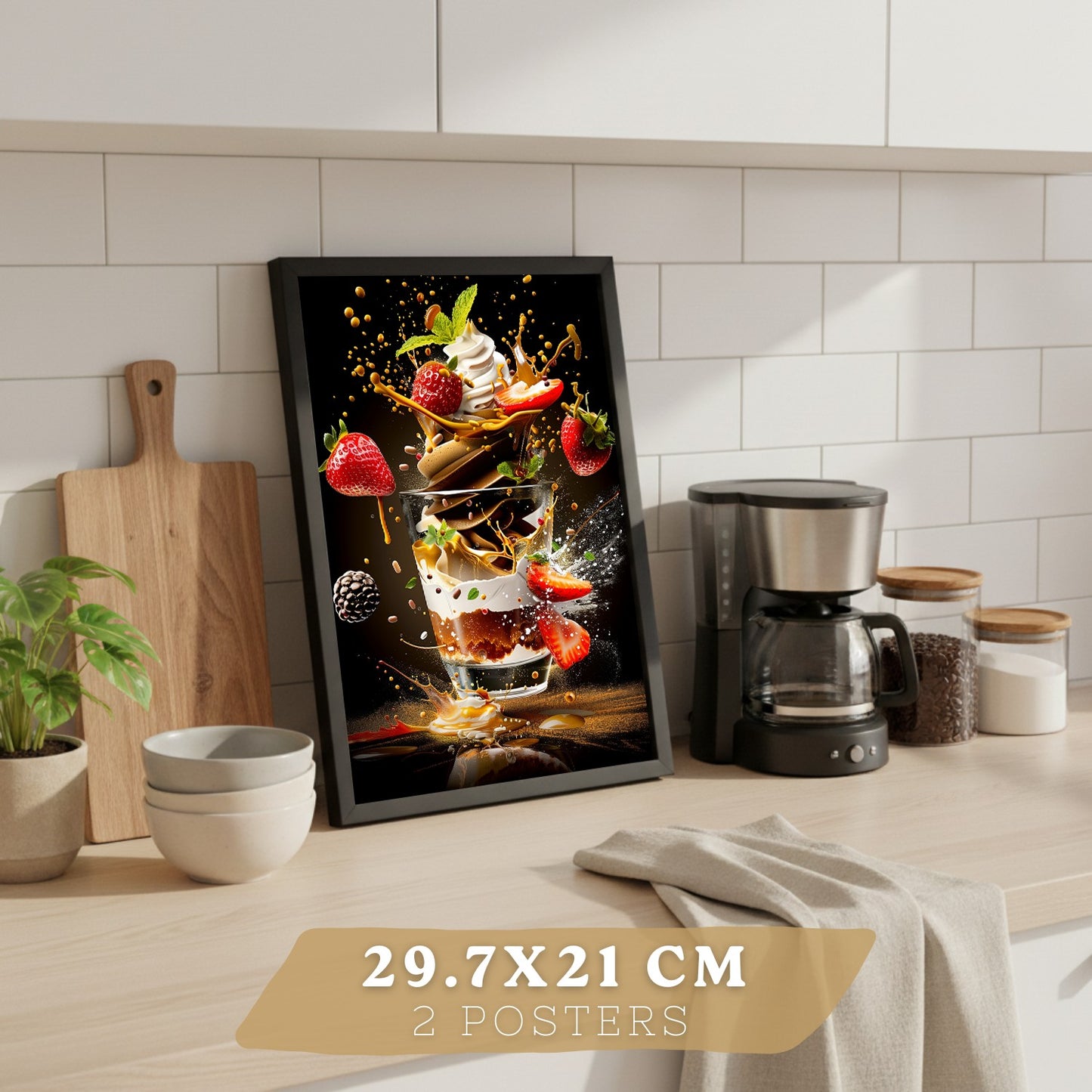 Set de 2 Láminas Cocina Fondo Negro Cuadros Pared Postre Fresas y Ensalada Estilo Splash Póster Decoración Comedor