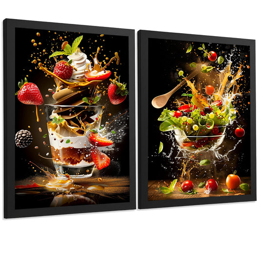 Set de 2 Láminas Cocina Fondo Negro Cuadros Pared Postre Fresas y Ensalada Estilo Splash Póster Decoración Comedor