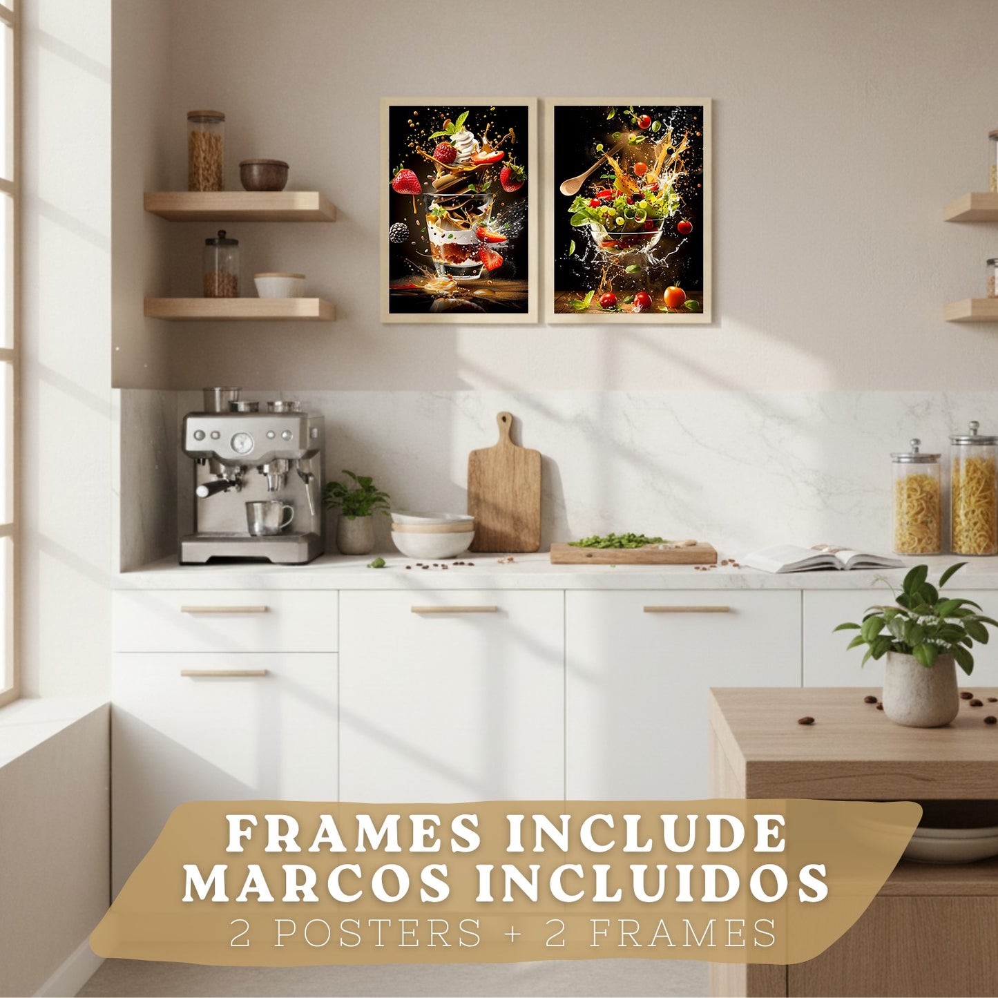 Set de 2 Láminas Cocina Fondo Negro Cuadros Pared Postre Fresas y Ensalada Estilo Splash Póster Decoración Comedor