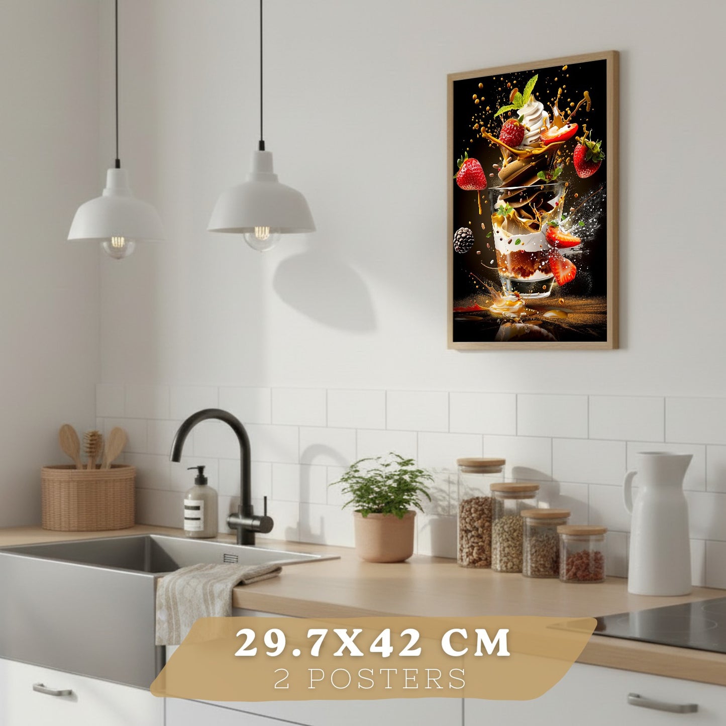 Set de 2 Láminas Cocina Fondo Negro Cuadros Pared Postre Fresas y Ensalada Estilo Splash Póster Decoración Comedor