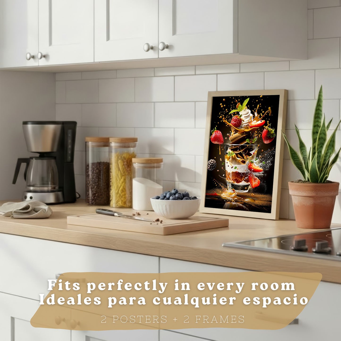 Set de 2 Láminas Cocina Fondo Negro Cuadros Pared Postre Fresas y Ensalada Estilo Splash Póster Decoración Comedor