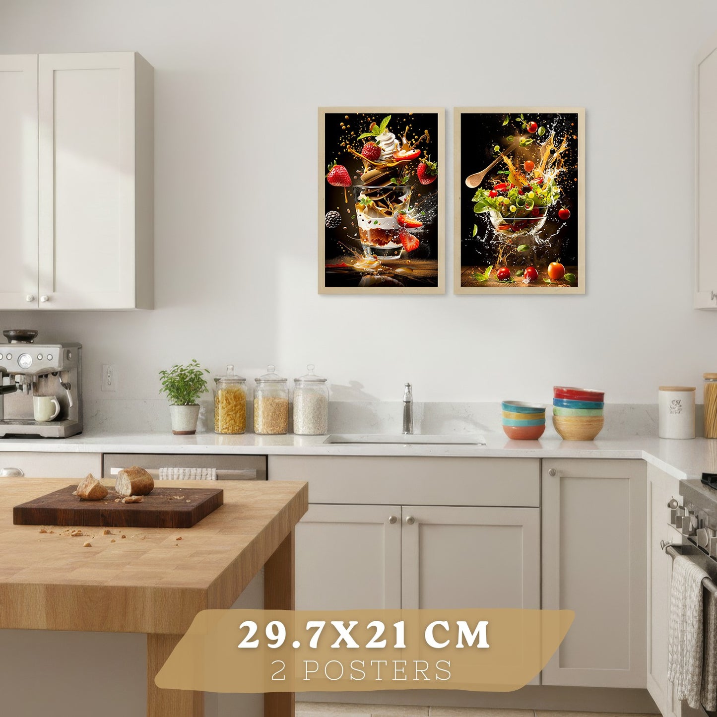 Set de 2 Láminas Cocina Fondo Negro Cuadros Pared Postre Fresas y Ensalada Estilo Splash Póster Decoración Comedor
