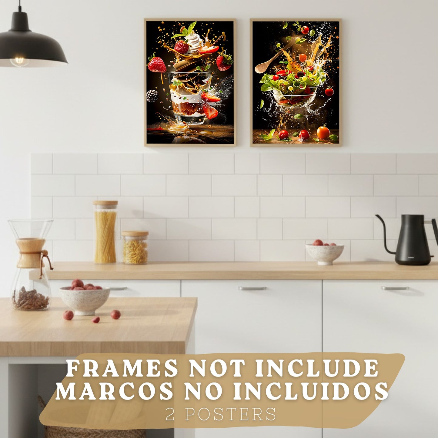 Set de 2 Láminas Cocina Fondo Negro Cuadros Pared Postre Fresas y Ensalada Estilo Splash Póster Decoración Comedor