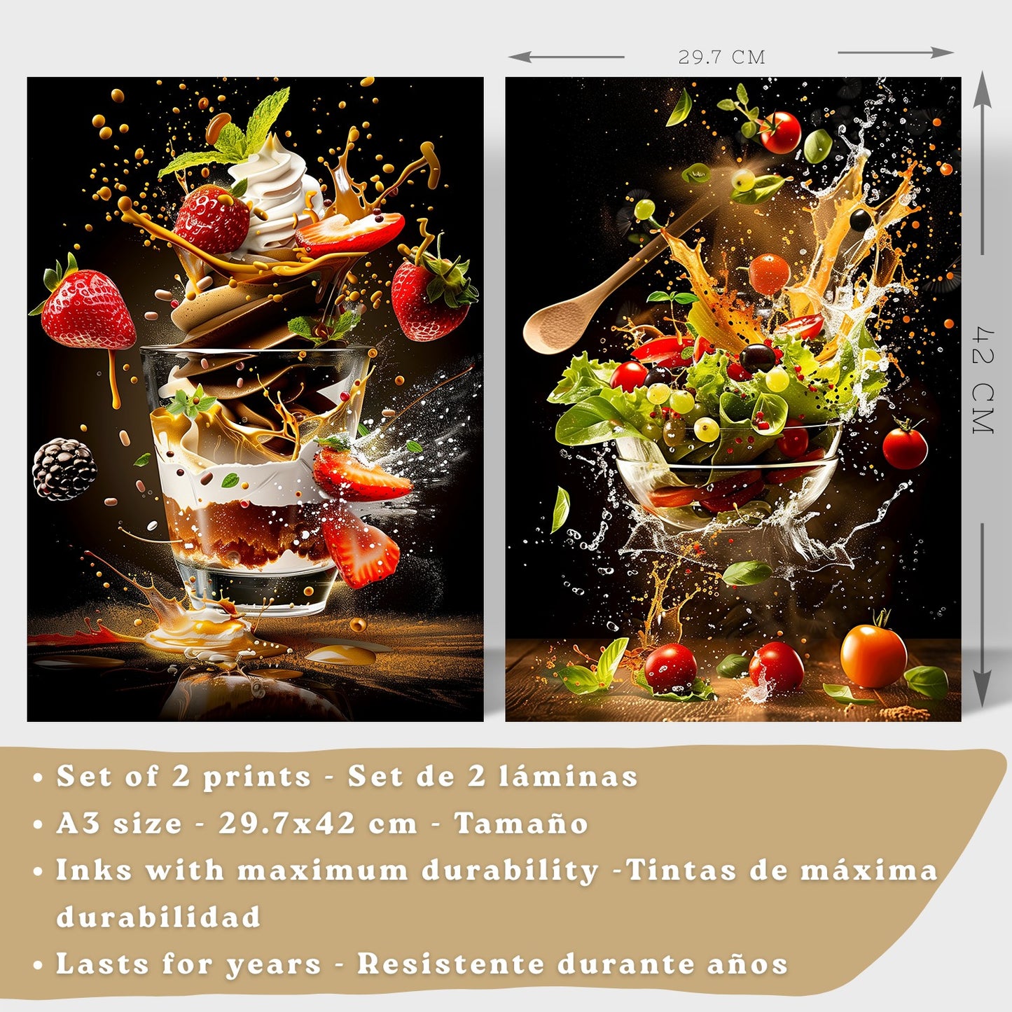 Set de 2 Láminas Cocina Fondo Negro Cuadros Pared Postre Fresas y Ensalada Estilo Splash Póster Decoración Comedor