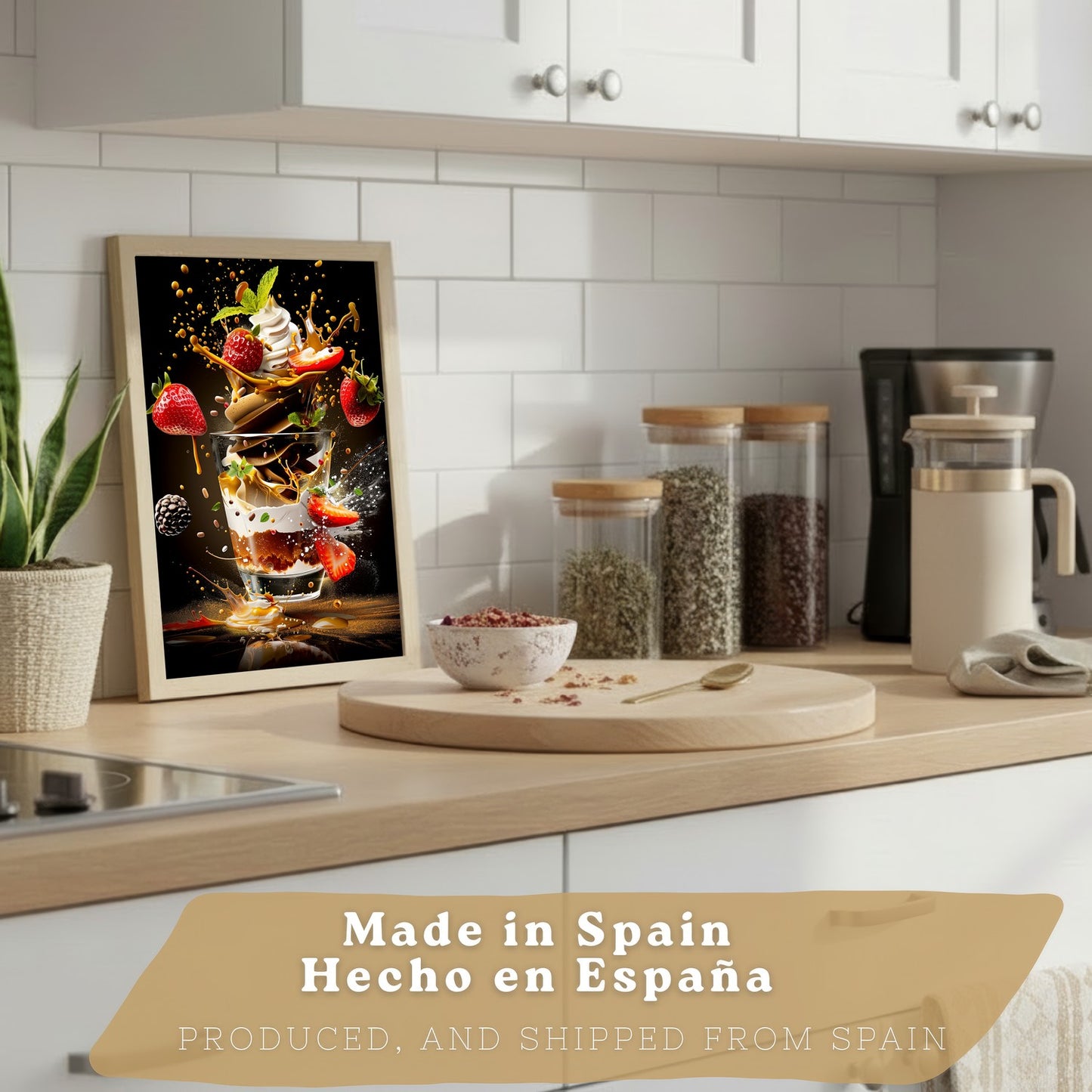 Set de 2 Láminas Cocina Fondo Negro Cuadros Pared Postre Fresas y Ensalada Estilo Splash Póster Decoración Comedor
