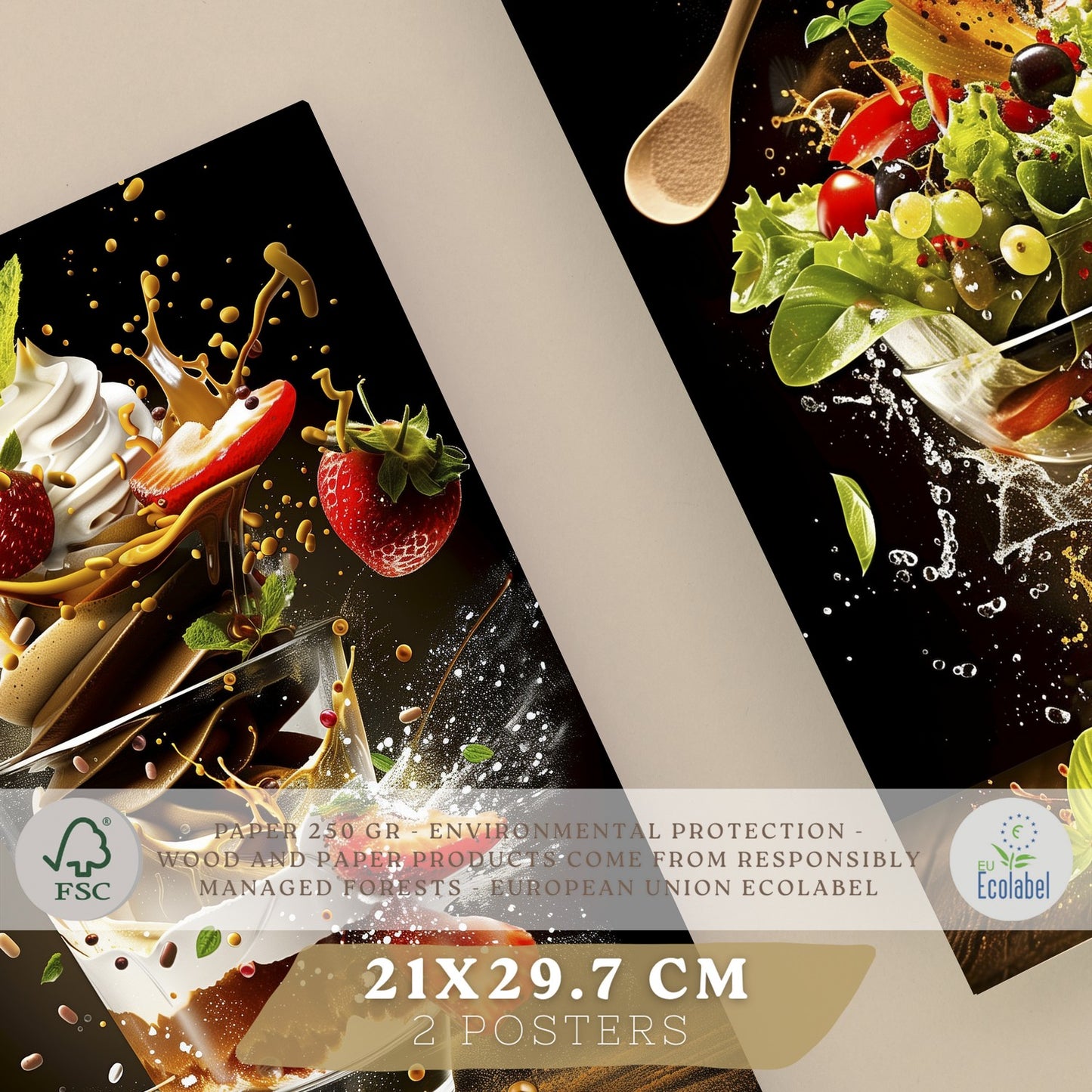 Set de 2 Láminas Cocina Fondo Negro Cuadros Pared Postre Fresas y Ensalada Estilo Splash Póster Decoración Comedor