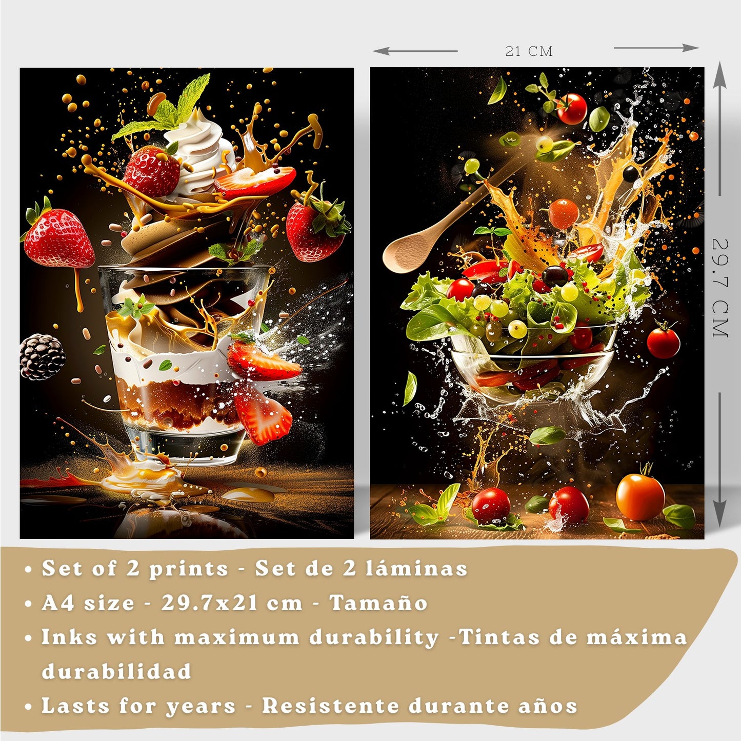 Set de 2 Láminas Cocina Fondo Negro Cuadros Pared Postre Fresas y Ensalada Estilo Splash Póster Decoración Comedor