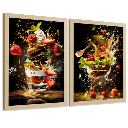 Set de 2 Láminas Cocina Fondo Negro Cuadros Pared Postre Fresas y Ensalada Estilo Splash Póster Decoración Comedor