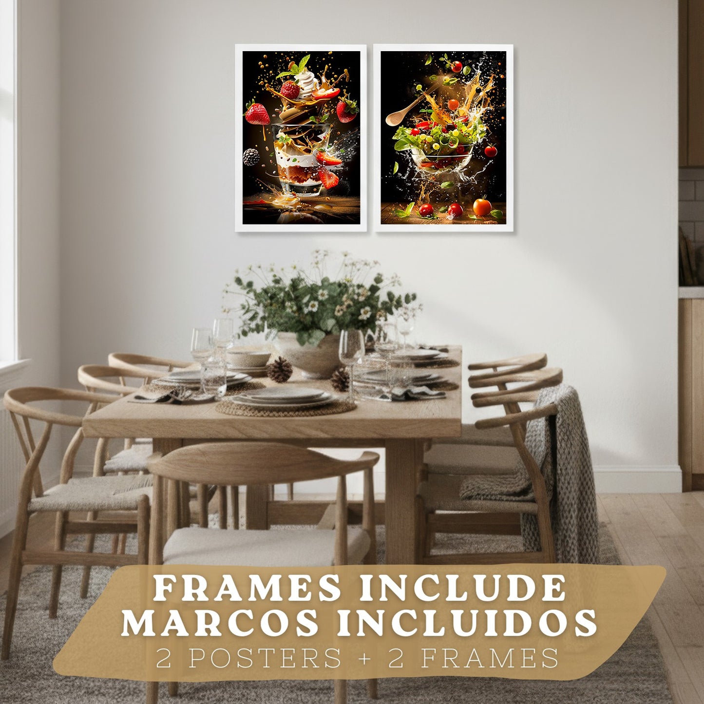 Set de 2 Láminas Cocina Fondo Negro Cuadros Pared Postre Fresas y Ensalada Estilo Splash Póster Decoración Comedor