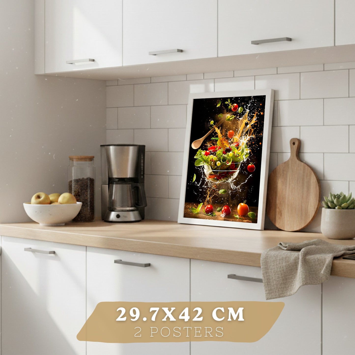 Set de 2 Láminas Cocina Fondo Negro Cuadros Pared Postre Fresas y Ensalada Estilo Splash Póster Decoración Comedor