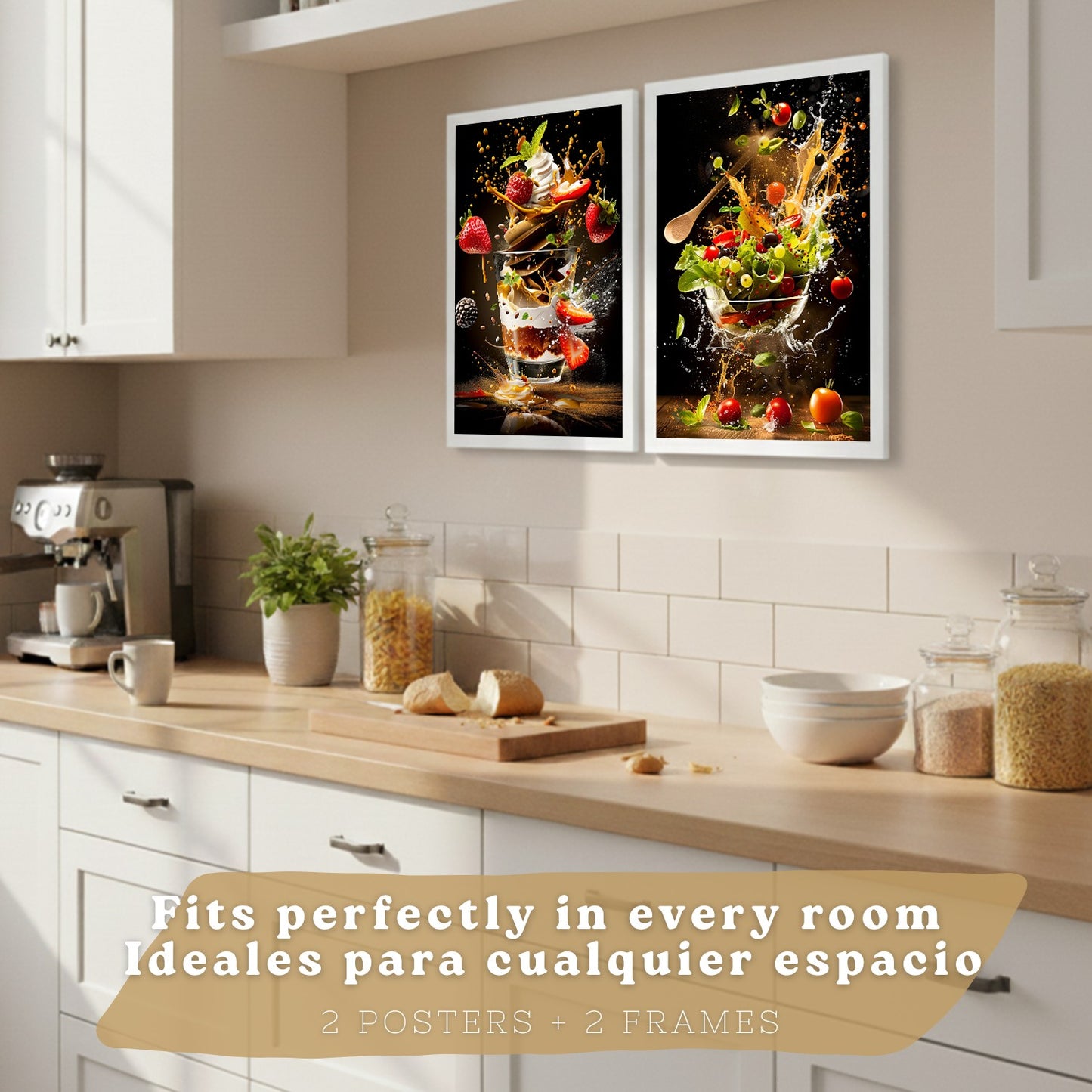 Set de 2 Láminas Cocina Fondo Negro Cuadros Pared Postre Fresas y Ensalada Estilo Splash Póster Decoración Comedor