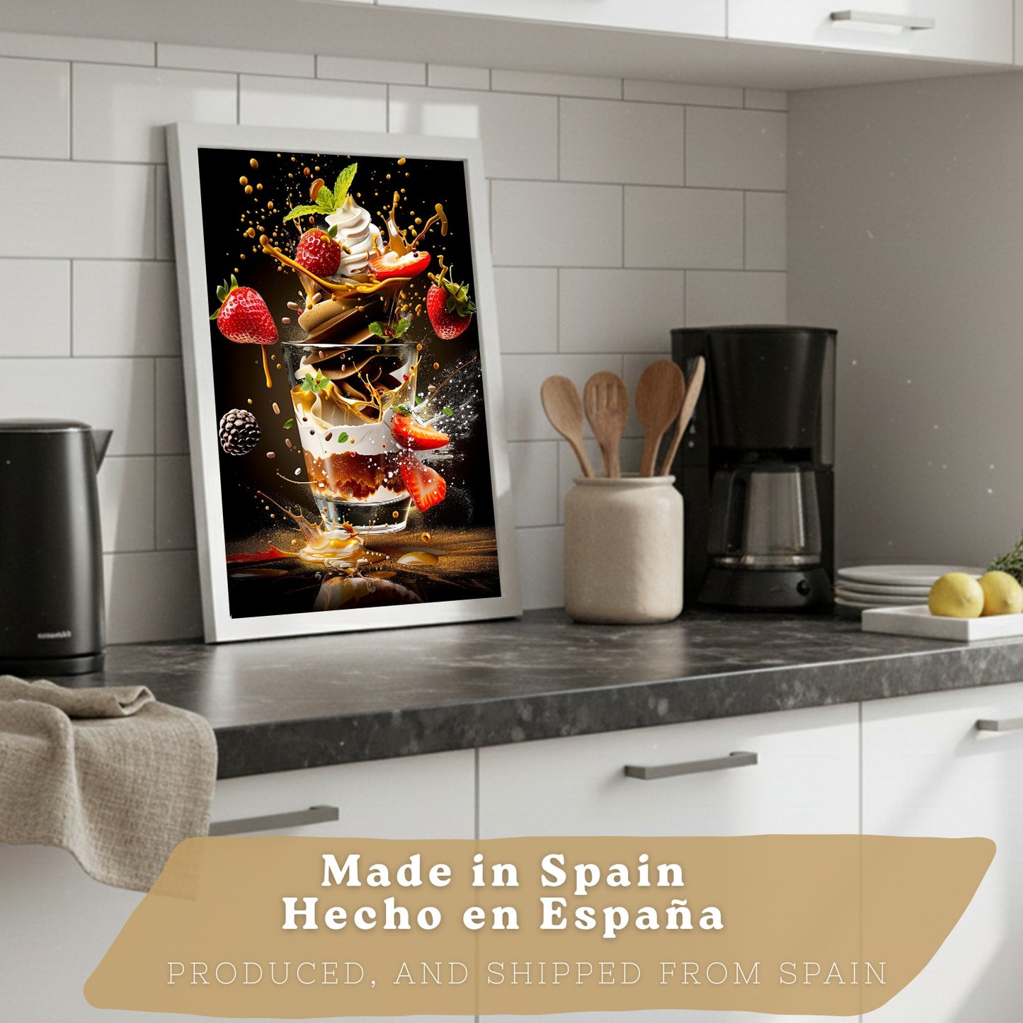 Set de 2 Láminas Cocina Fondo Negro Cuadros Pared Postre Fresas y Ensalada Estilo Splash Póster Decoración Comedor
