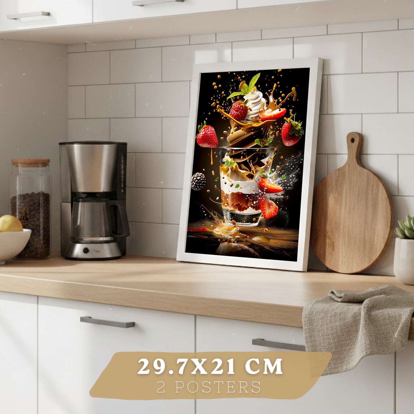 Set de 2 Láminas Cocina Fondo Negro Cuadros Pared Postre Fresas y Ensalada Estilo Splash Póster Decoración Comedor