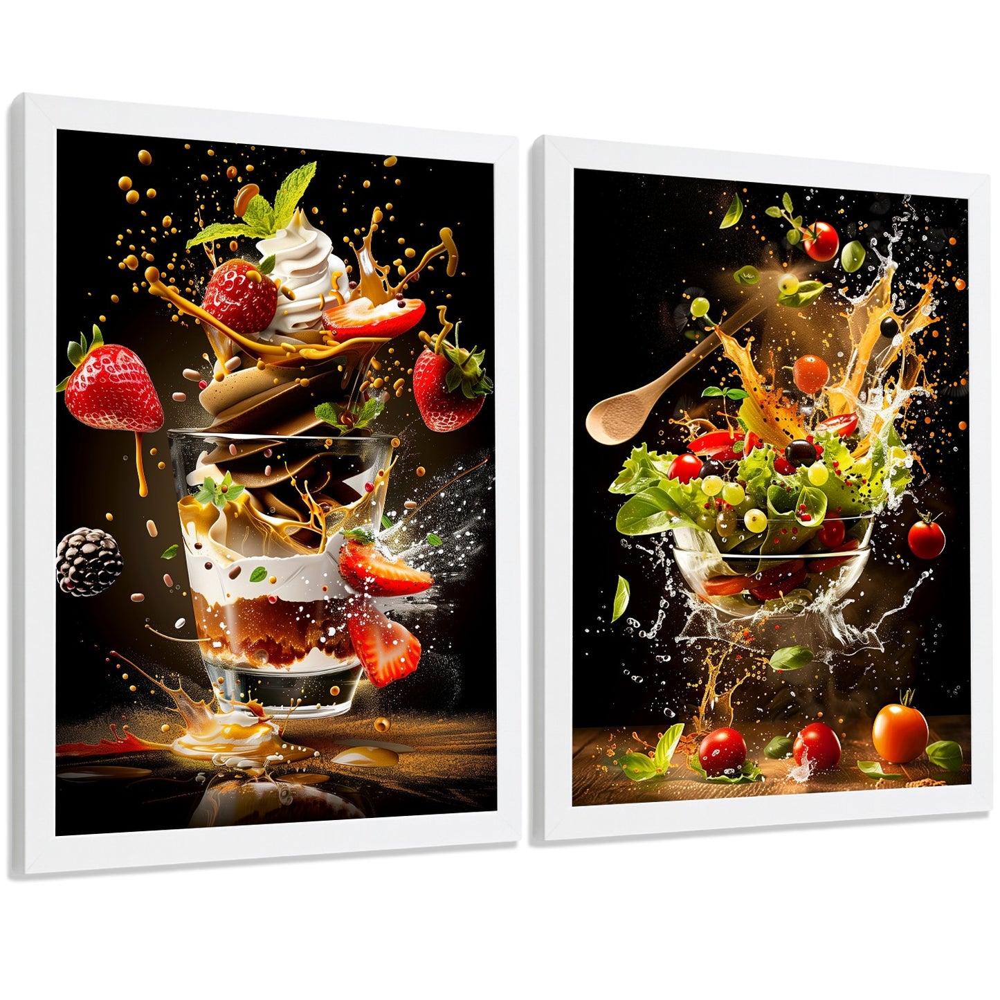 Set de 2 Láminas Cocina Fondo Negro Cuadros Pared Postre Fresas y Ensalada Estilo Splash Póster Decoración Comedor