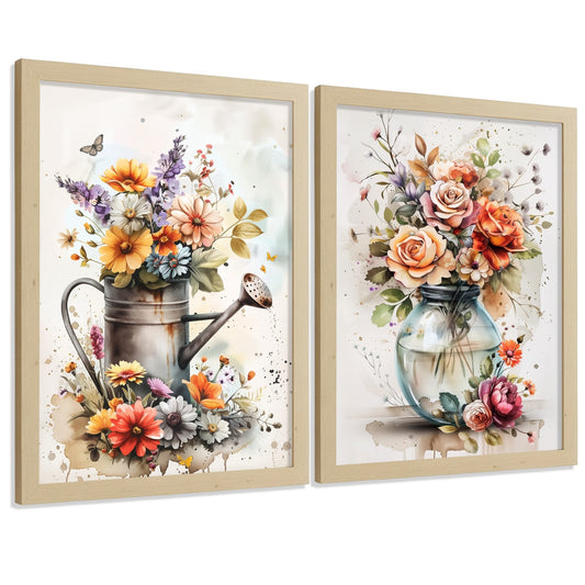 Set de 2 Láminas Flores en Jarrón Acuarela Cuadros Cocina Rosas Estilo Botánico Colorido Póster Decoración Pared Salón