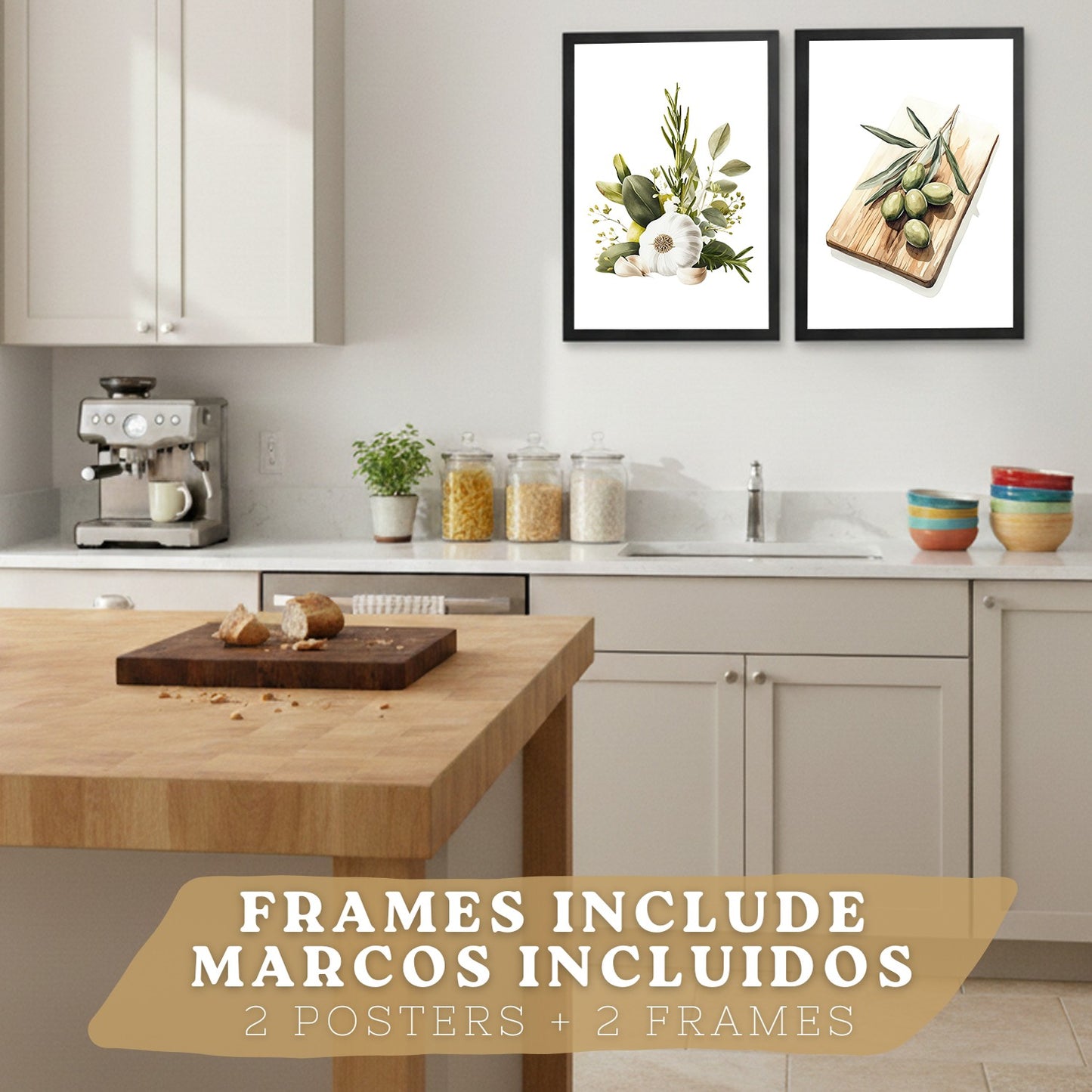 Set de 2 Láminas Cocina Mediterránea Cuadros Pared Ajo Hierbas y Aceitunas Acuarela Botánica Póster Decoración Comedor