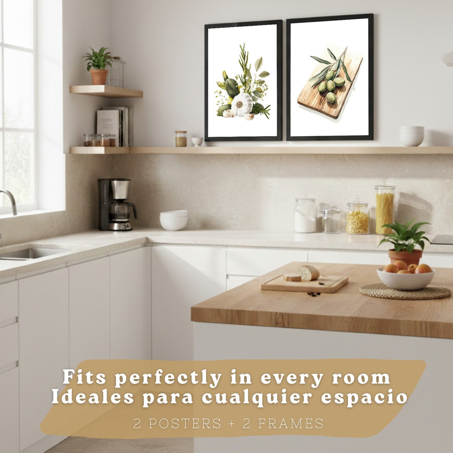 Set de 2 Láminas Cocina Mediterránea Cuadros Pared Ajo Hierbas y Aceitunas Acuarela Botánica Póster Decoración Comedor