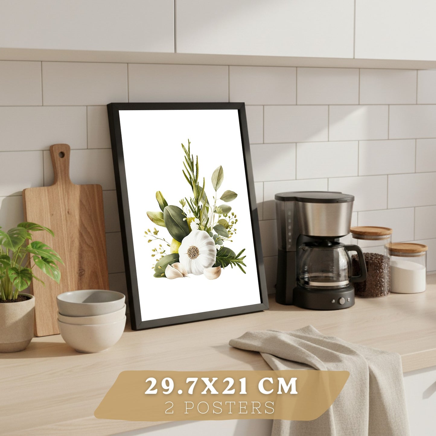 Set de 2 Láminas Cocina Mediterránea Cuadros Pared Ajo Hierbas y Aceitunas Acuarela Botánica Póster Decoración Comedor