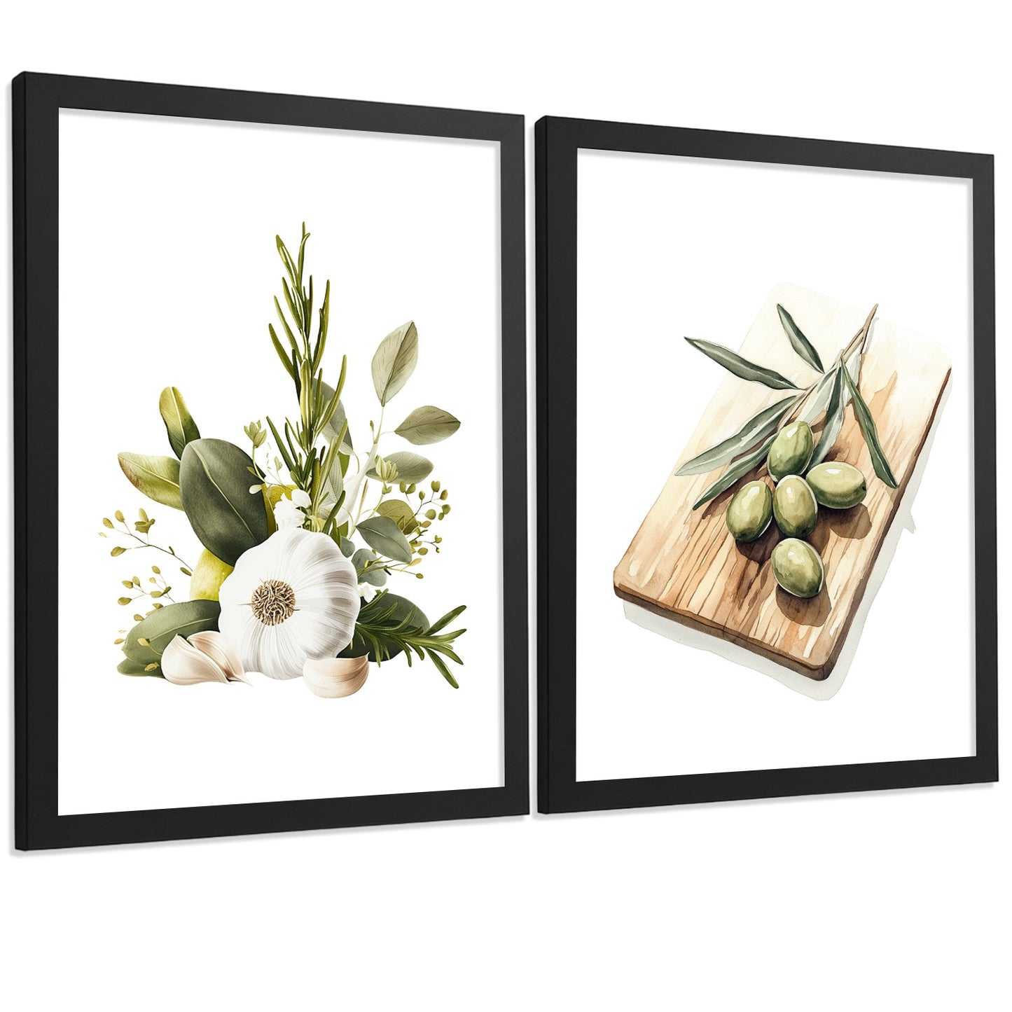 Set de 2 Láminas Cocina Mediterránea Cuadros Pared Ajo Hierbas y Aceitunas Acuarela Botánica Póster Decoración Comedor