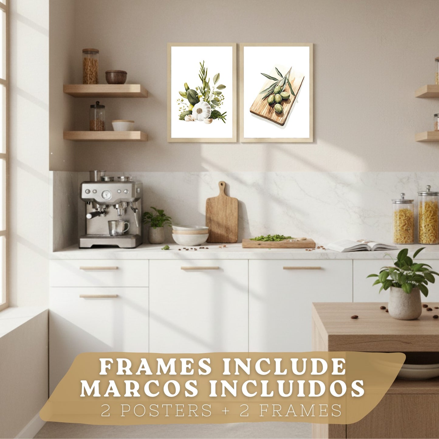 Set de 2 Láminas Cocina Mediterránea Cuadros Pared Ajo Hierbas y Aceitunas Acuarela Botánica Póster Decoración Comedor