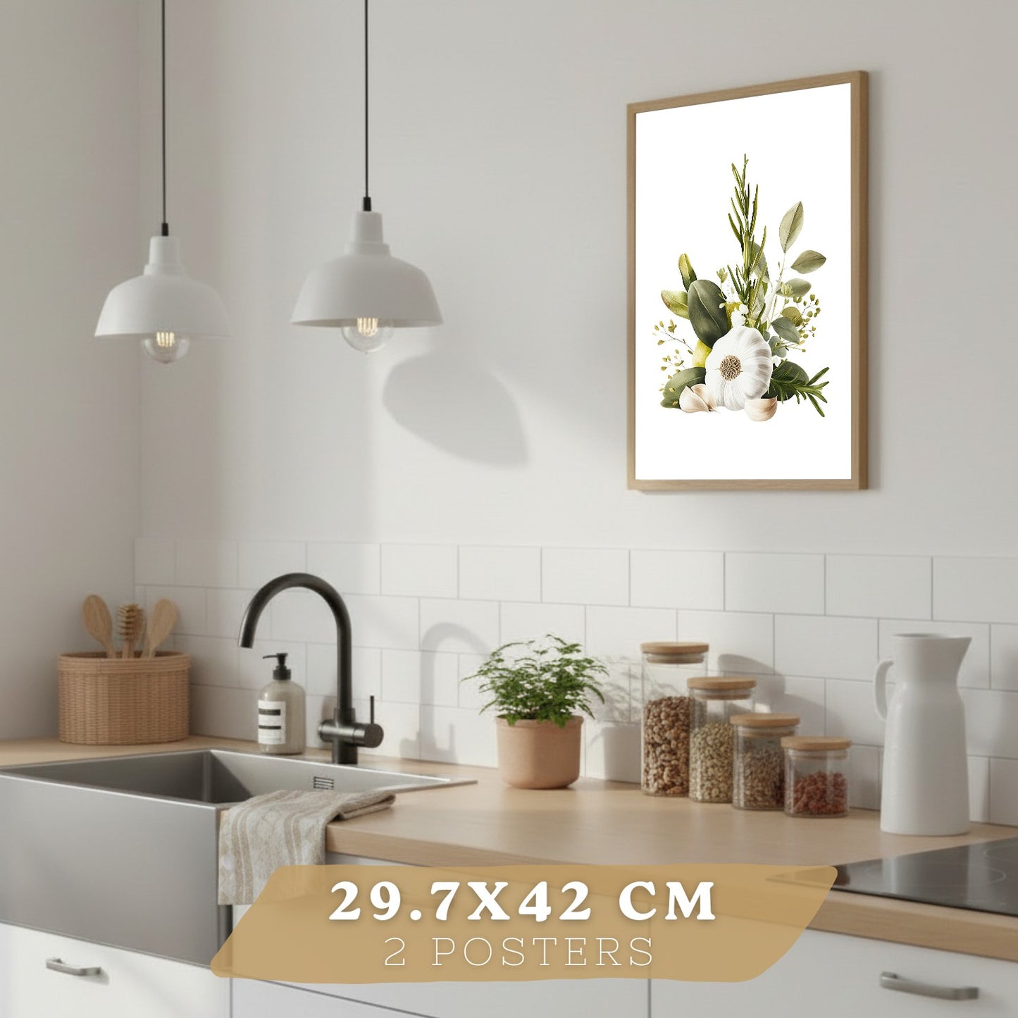 Set de 2 Láminas Cocina Mediterránea Cuadros Pared Ajo Hierbas y Aceitunas Acuarela Botánica Póster Decoración Comedor