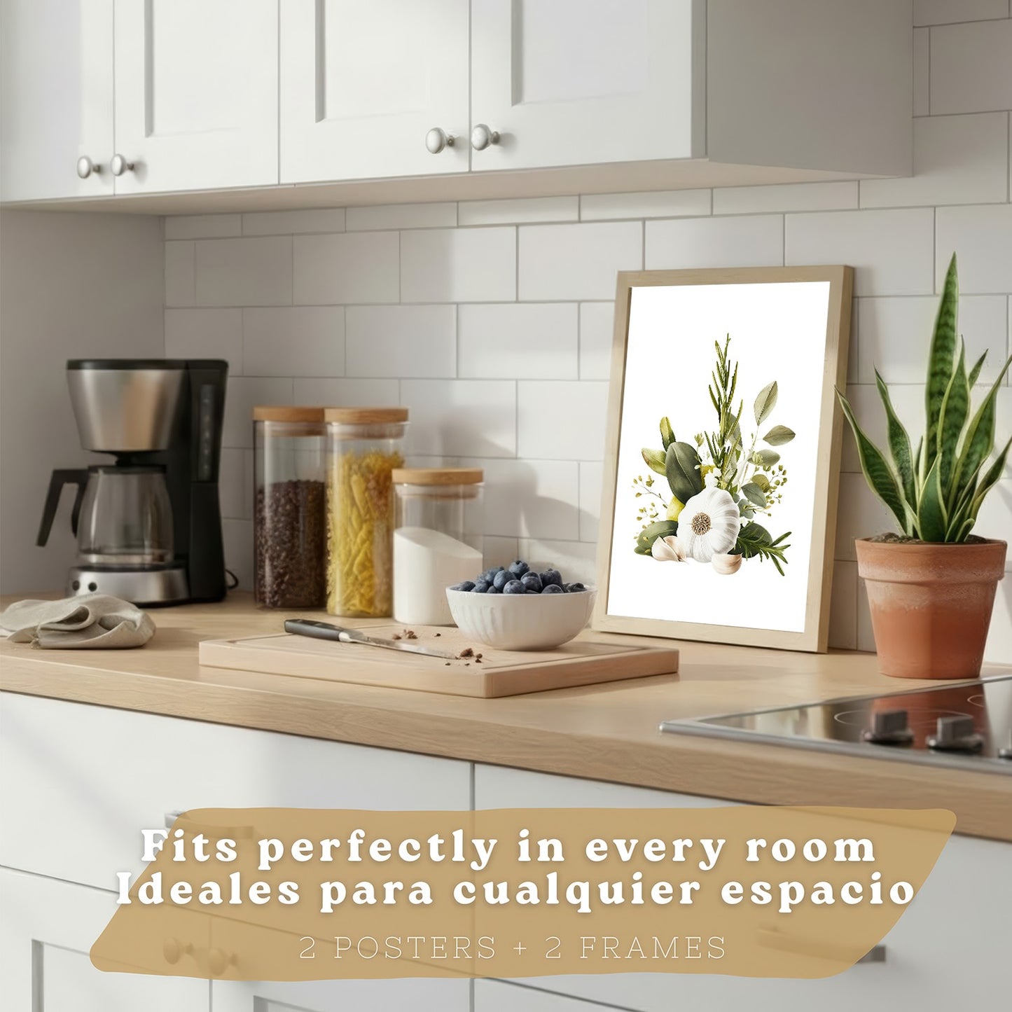 Set de 2 Láminas Cocina Mediterránea Cuadros Pared Ajo Hierbas y Aceitunas Acuarela Botánica Póster Decoración Comedor