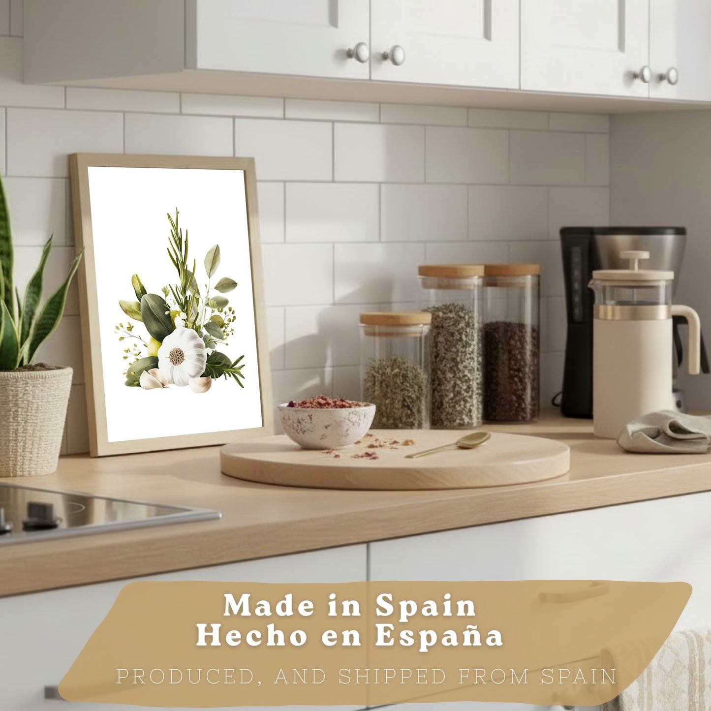 Set de 2 Láminas Cocina Mediterránea Cuadros Pared Ajo Hierbas y Aceitunas Acuarela Botánica Póster Decoración Comedor