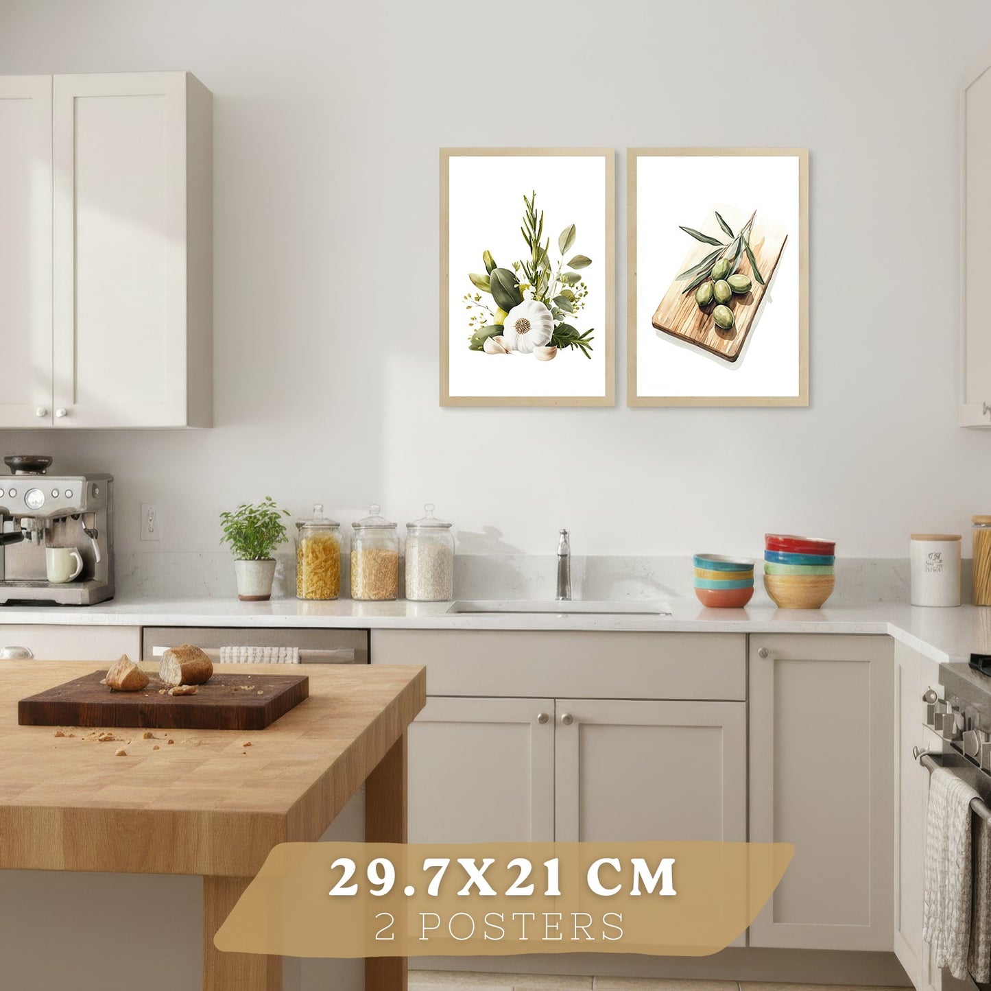 Set de 2 Láminas Cocina Mediterránea Cuadros Pared Ajo Hierbas y Aceitunas Acuarela Botánica Póster Decoración Comedor