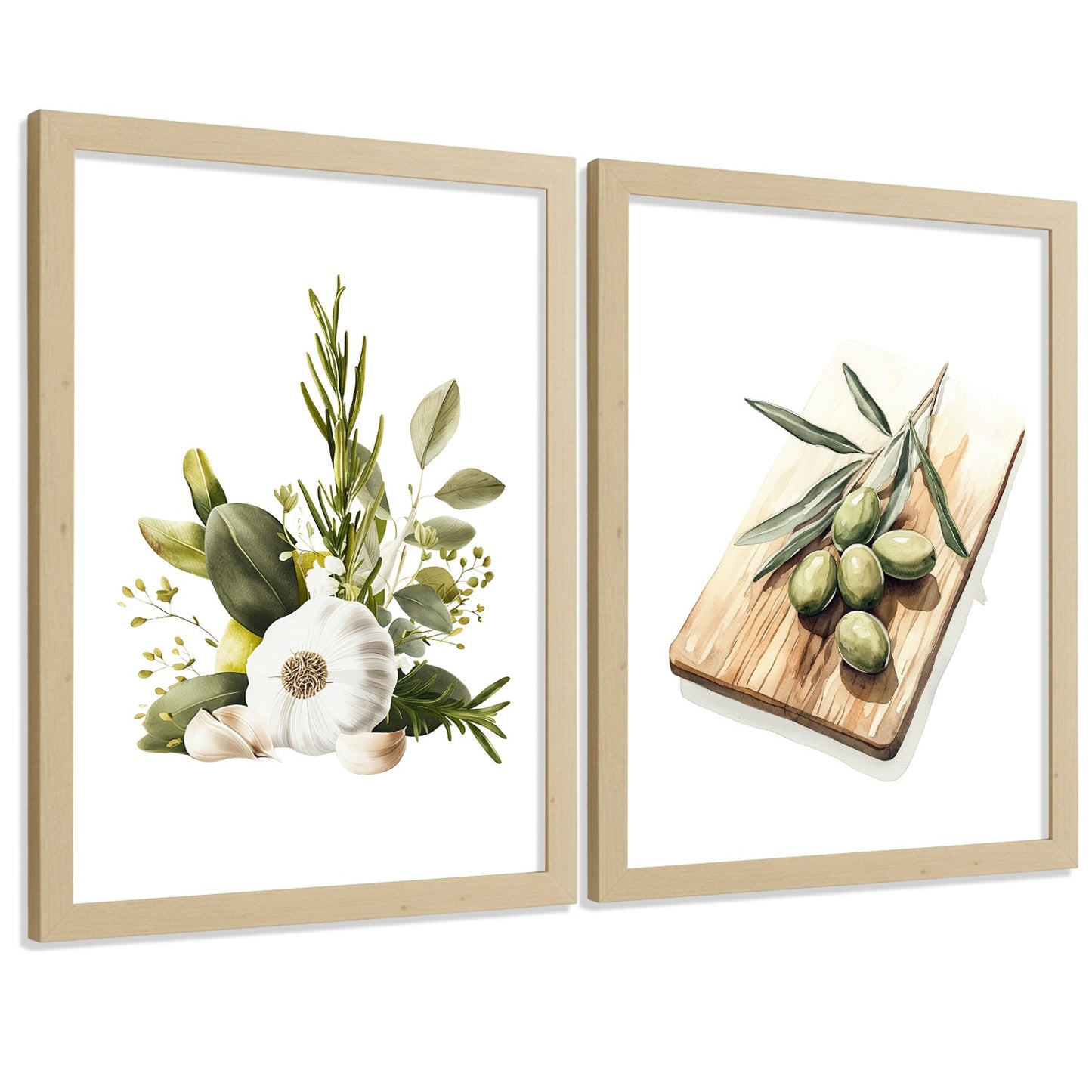 Set de 2 Láminas Cocina Mediterránea Cuadros Pared Ajo Hierbas y Aceitunas Acuarela Botánica Póster Decoración Comedor
