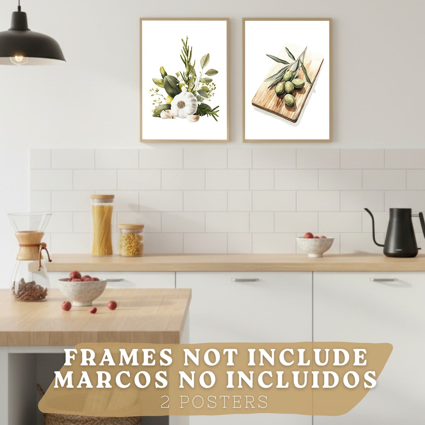 Set de 2 Láminas Cocina Mediterránea Cuadros Pared Ajo Hierbas y Aceitunas Acuarela Botánica Póster Decoración Comedor
