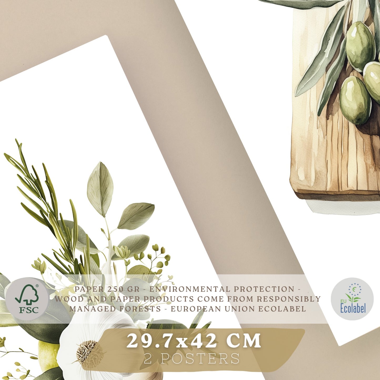 Set de 2 Láminas Cocina Mediterránea Cuadros Pared Ajo Hierbas y Aceitunas Acuarela Botánica Póster Decoración Comedor