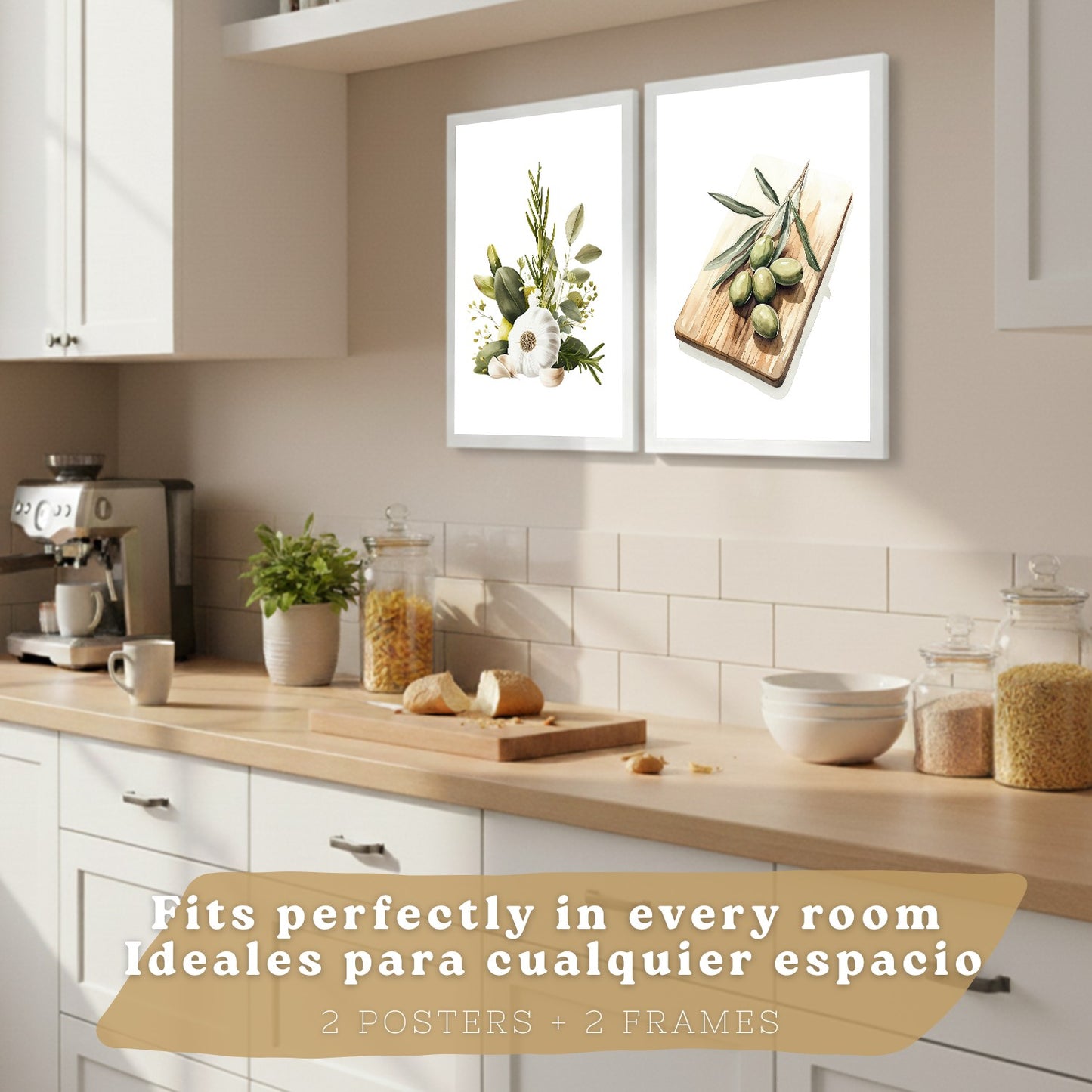 Set de 2 Láminas Cocina Mediterránea Cuadros Pared Ajo Hierbas y Aceitunas Acuarela Botánica Póster Decoración Comedor