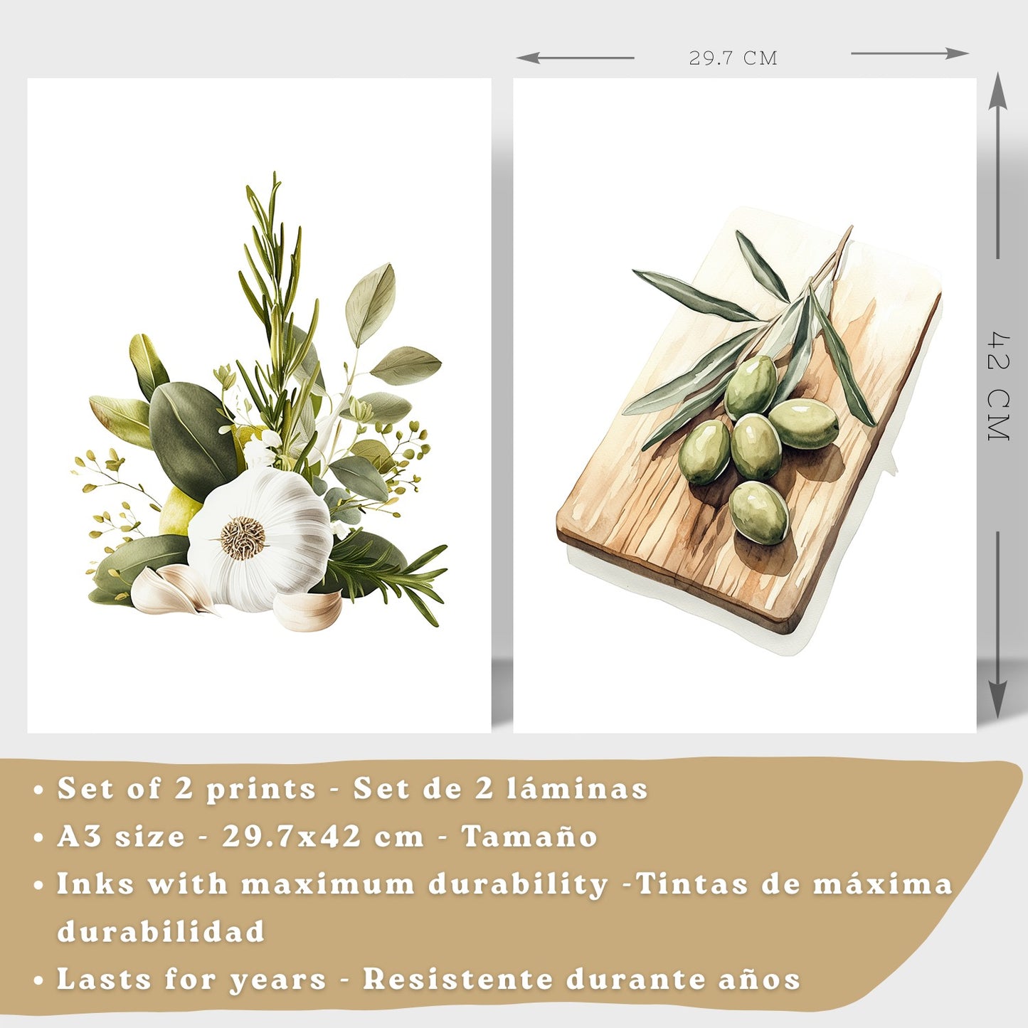 Set de 2 Láminas Cocina Mediterránea Cuadros Pared Ajo Hierbas y Aceitunas Acuarela Botánica Póster Decoración Comedor