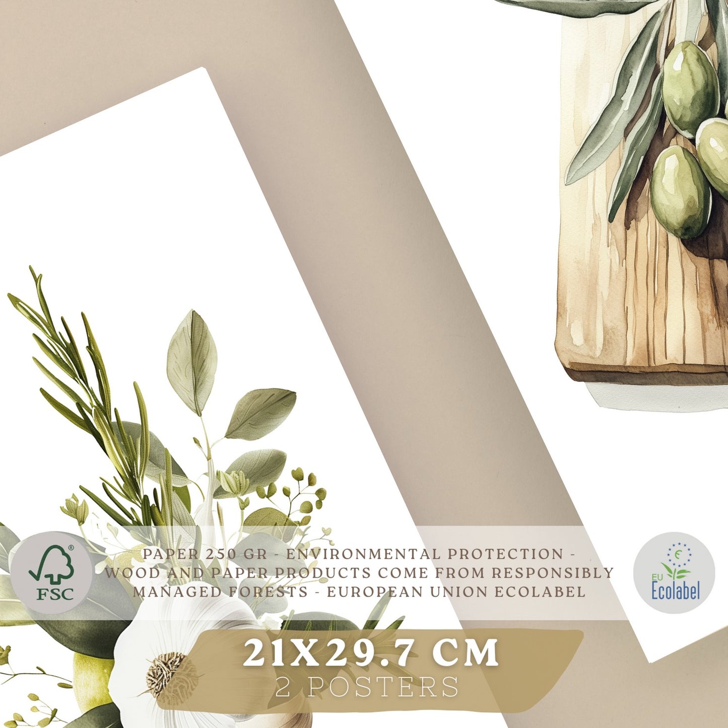 Set de 2 Láminas Cocina Mediterránea Cuadros Pared Ajo Hierbas y Aceitunas Acuarela Botánica Póster Decoración Comedor