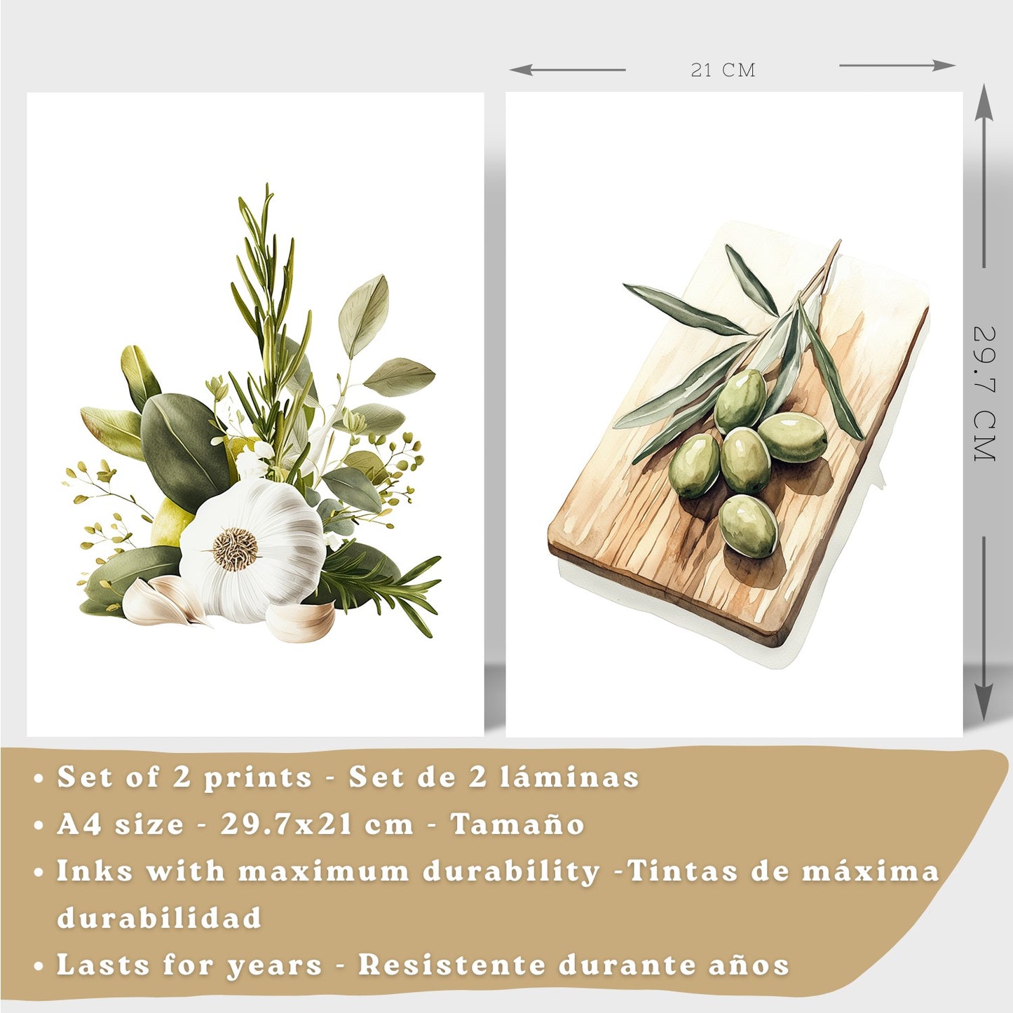 Set de 2 Láminas Cocina Mediterránea Cuadros Pared Ajo Hierbas y Aceitunas Acuarela Botánica Póster Decoración Comedor