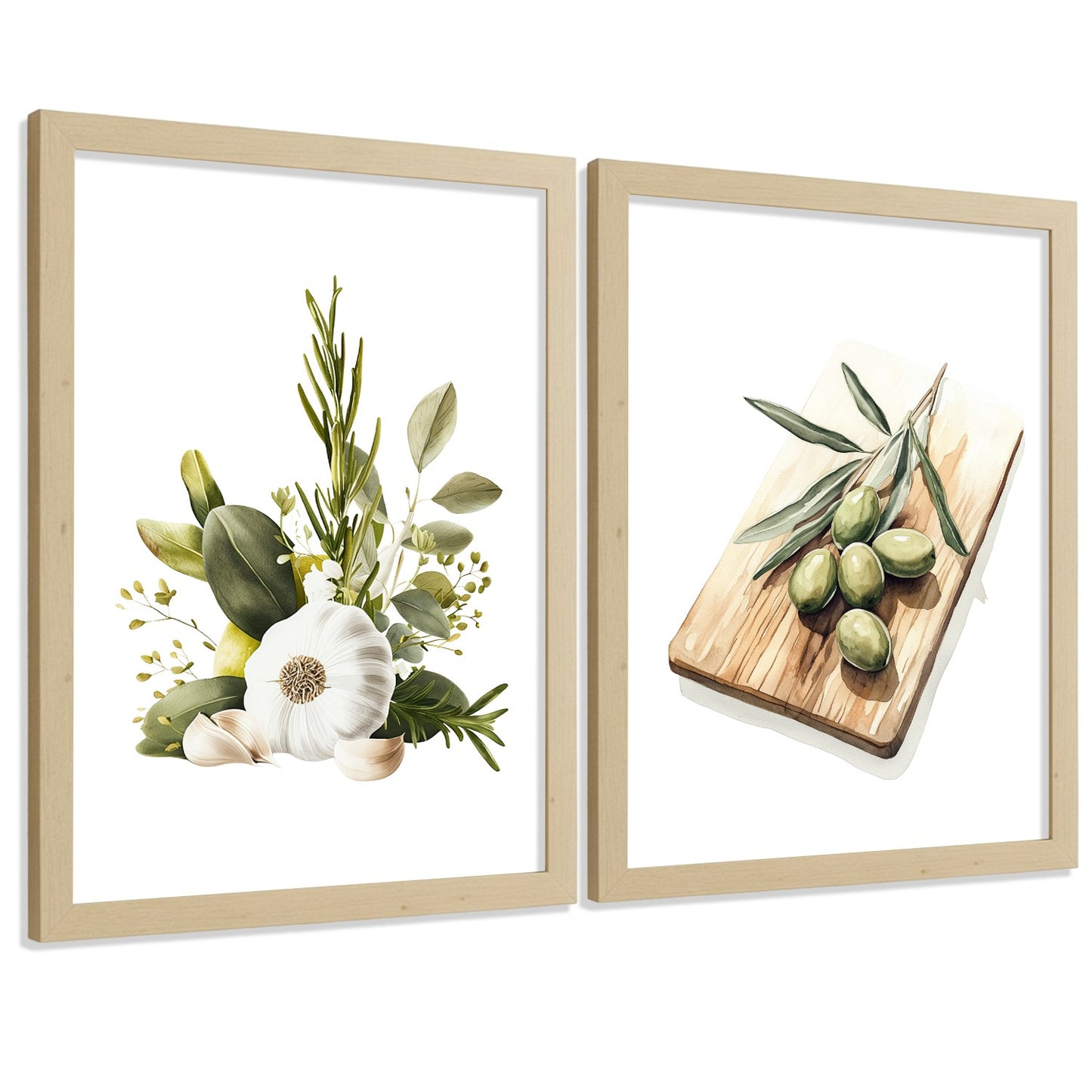 Set de 2 Láminas Cocina Mediterránea Cuadros Pared Ajo Hierbas y Aceitunas Acuarela Botánica Póster Decoración Comedor
