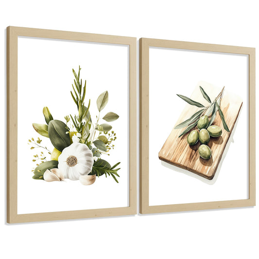 Set de 2 Láminas Cocina Mediterránea Cuadros Pared Ajo Hierbas y Aceitunas Acuarela Botánica Póster Decoración Comedor