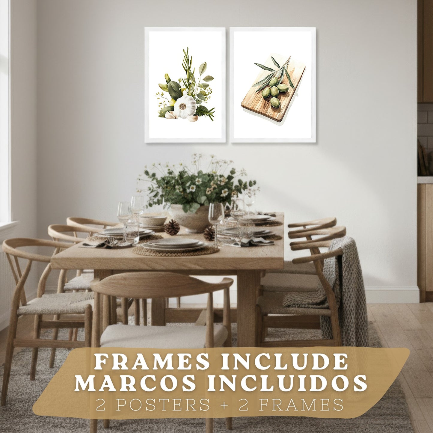 Set de 2 Láminas Cocina Mediterránea Cuadros Pared Ajo Hierbas y Aceitunas Acuarela Botánica Póster Decoración Comedor