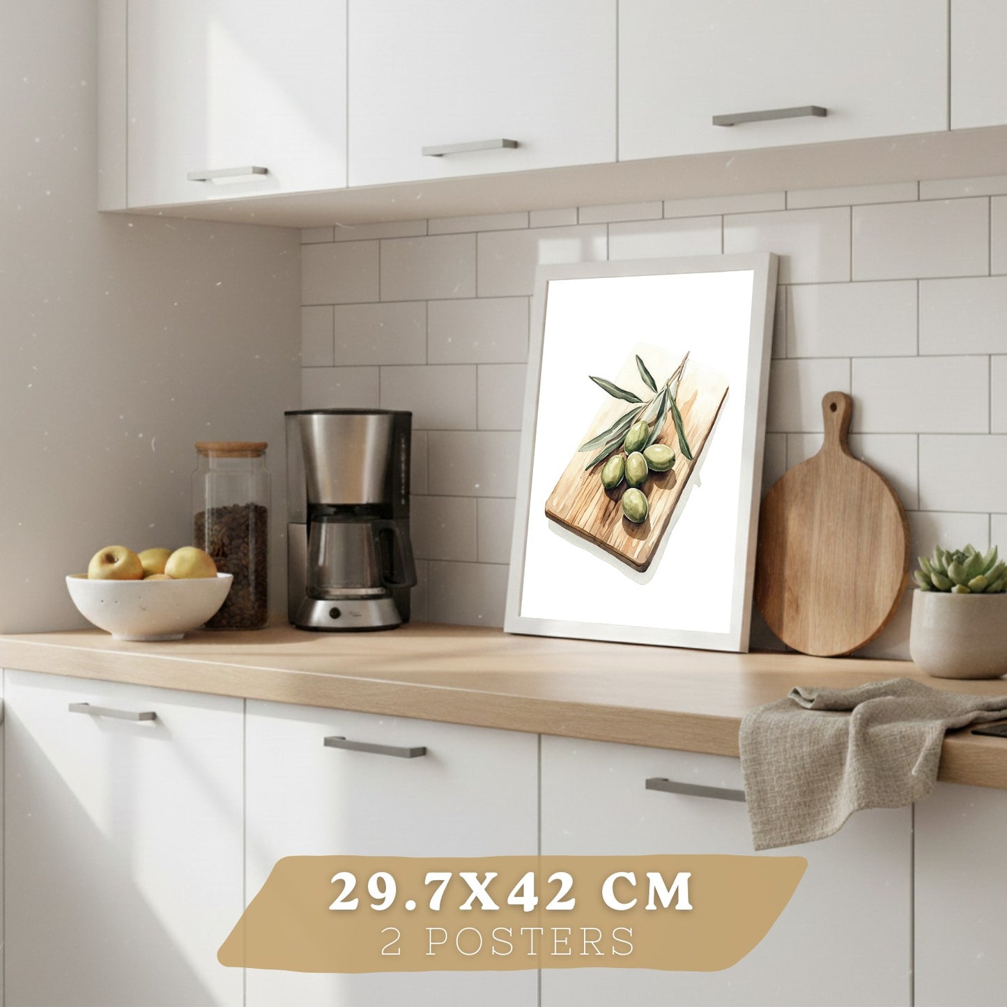 Set de 2 Láminas Cocina Mediterránea Cuadros Pared Ajo Hierbas y Aceitunas Acuarela Botánica Póster Decoración Comedor