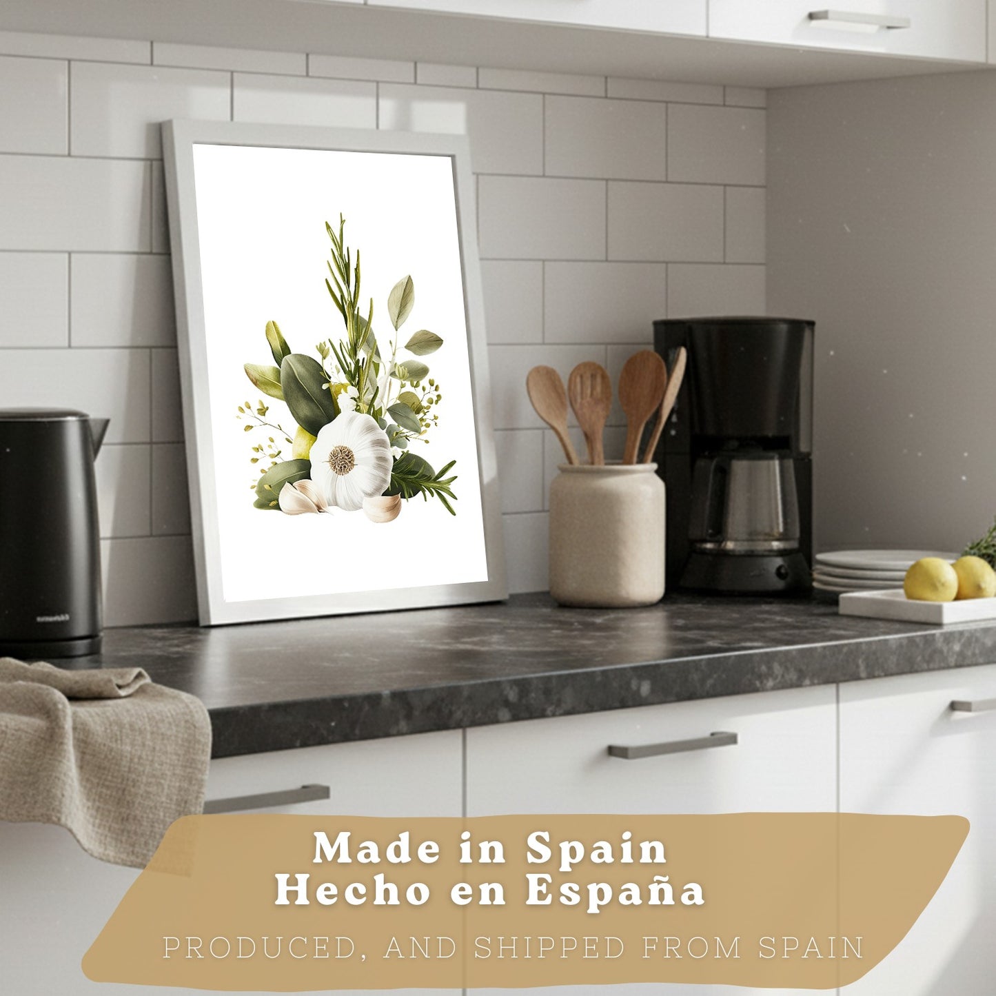 Set de 2 Láminas Cocina Mediterránea Cuadros Pared Ajo Hierbas y Aceitunas Acuarela Botánica Póster Decoración Comedor