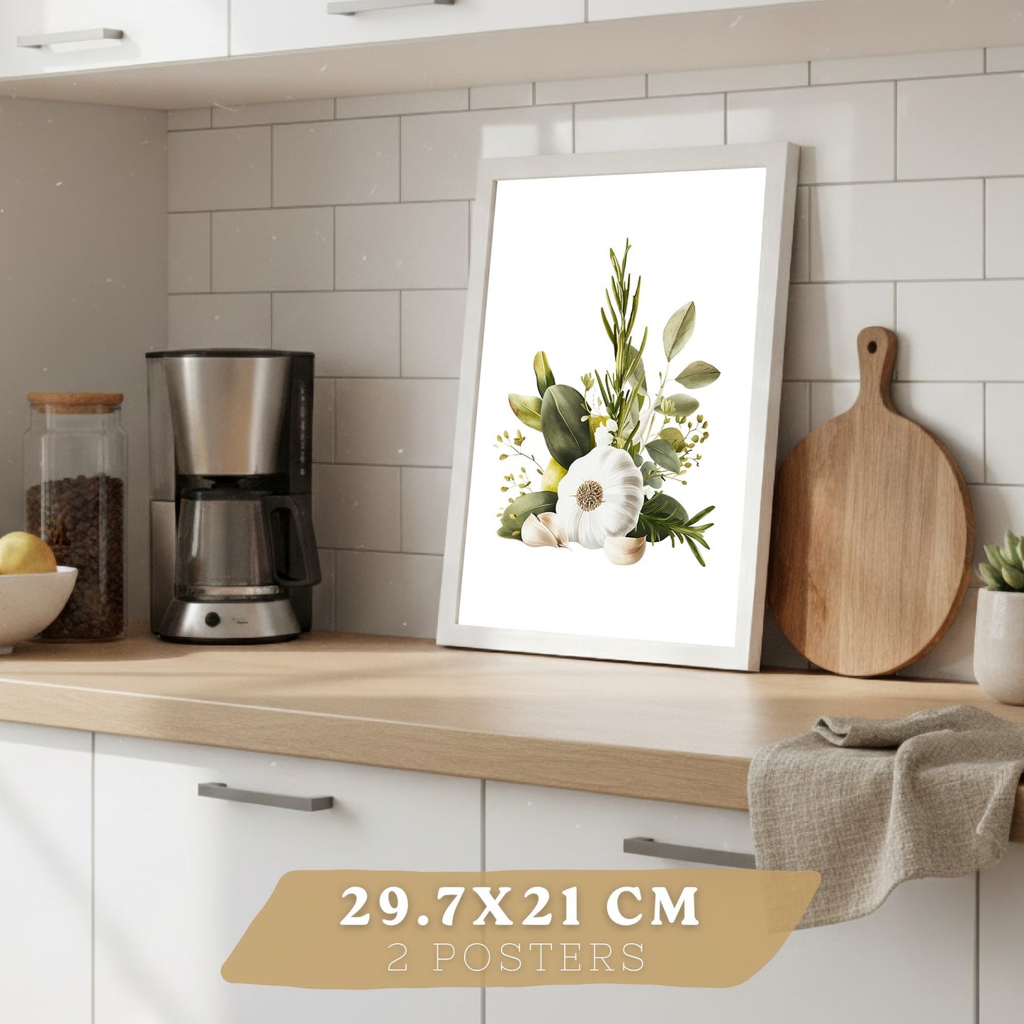 Set de 2 Láminas Cocina Mediterránea Cuadros Pared Ajo Hierbas y Aceitunas Acuarela Botánica Póster Decoración Comedor